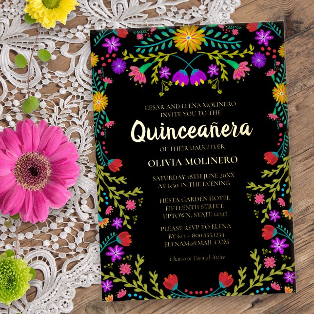 Invitation En Aluminium Quinceanera Fiesta Mexicaine Floral Véritable Or (Gold Foil Quinceanera invitation from my Mexican Fiesta Floral collection
)