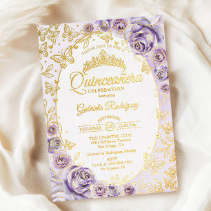 Invitation En Aluminium Quinceanera Fleur de Lilas Violet Or