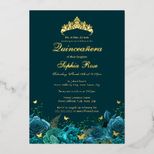 Invitation En Aluminium Quinceanera Fleur Papillon Bleu Sarcelle pour Anni