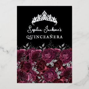Invitation En Aluminium Quinceanera Fleur Rose Argent Bourgogne