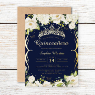 Invitation En Aluminium Quinceanera Fleurie Défilement Or Champagne Navy