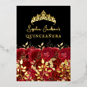 Invitation En Aluminium Quinceañera Fleurie Rouge Or Feuille de Rose