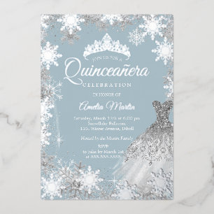 Invitation En Aluminium Quinceanera Flocon de Neige Argent Bleu Poussiéreu