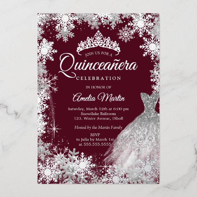 Invitation En Aluminium Quinceanera, flocon de neige de l'hiver de Bourgog (Recto)