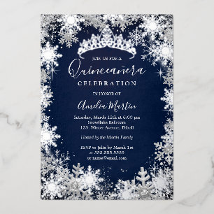 Invitation En Aluminium Quinceañera Flocon de Neige d'Hiver Argent Navy