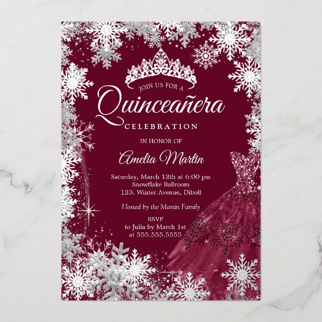 Invitation En Aluminium Quinceanera, flocon de neige d'hiver de Bourgogne (Recto)