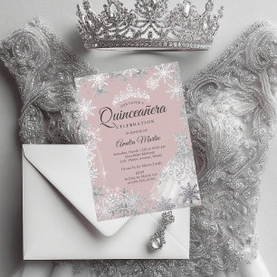 Invitation En Aluminium Quinceanera, flocon de neige rose argenté en hiver