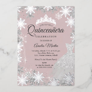 Invitation En Aluminium Quinceanera, flocon de neige rose argenté en hiver