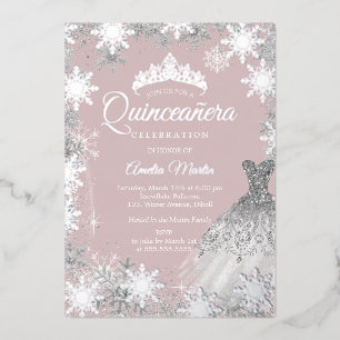 Invitation En Aluminium Quinceanera Flocon de Neige Rose Poussiéreux Argen