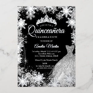 Invitation En Aluminium Quinceanera, flocon d'hiver noir en argent