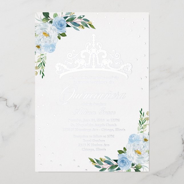 Invitation En Aluminium Quinceanera Florale Bleue (Recto)
