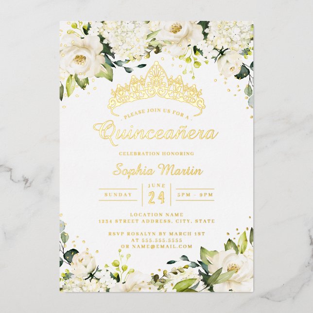 Invitation En Aluminium Quinceanera Florale Champagne d'or (Recto)