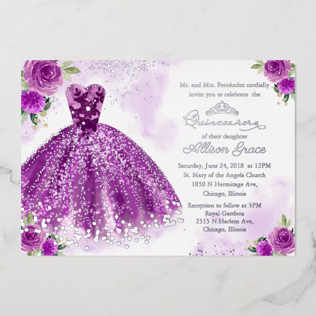 Invitation En Aluminium Quinceanera florale d'argent violet (Recto)