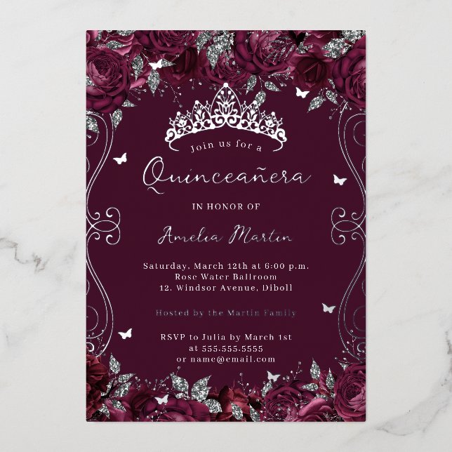 Invitation En Aluminium Quinceanera florale de l'Argent de Bourgogne (Recto)