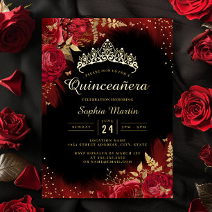 Invitation En Aluminium Quinceanera florale de papillon rouge d'or