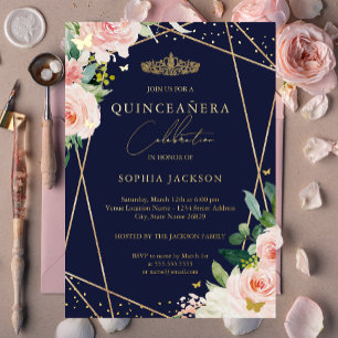 Invitation En Aluminium Quinceanera florale d'or de la marine