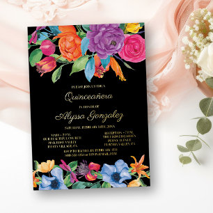 Invitation En Aluminium Quinceanera florale et Fiesta de masse Fleur et or