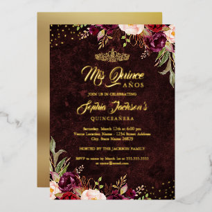 Invitation En Aluminium Quinceanera Florale Or Bourgogne Rouge