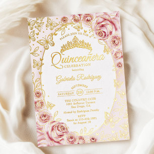 Invitation En Aluminium Quinceanera Florale Or Rose Pâle