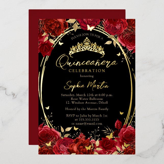 Invitation En Aluminium Quinceanera Florale Papillon Noir et Rouge Captiva (Recto/Verso)