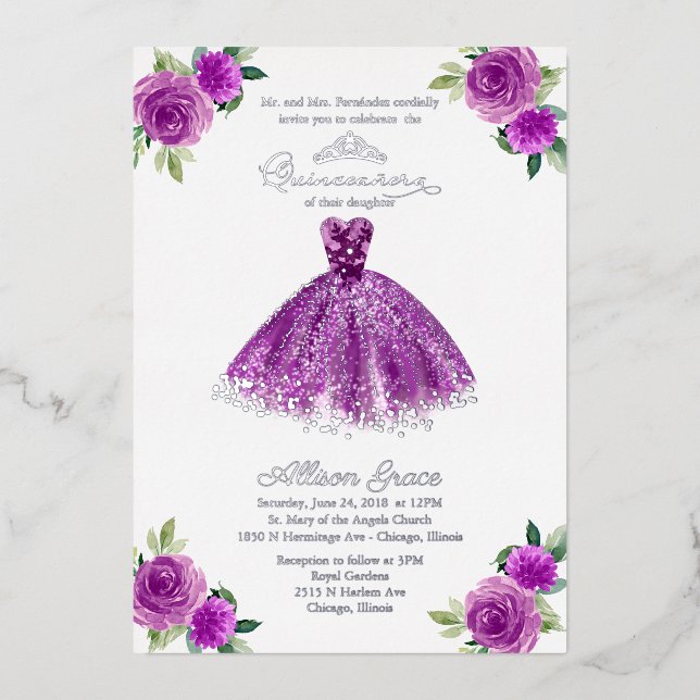 Invitation En Aluminium Quinceanera florale pourpre (Recto)