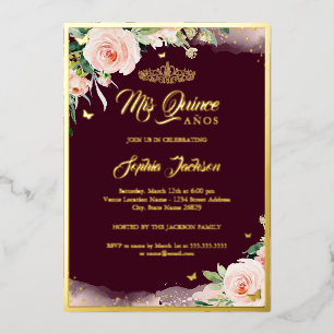 Invitation En Aluminium Quinceanera Florale Rose Bourgogne
