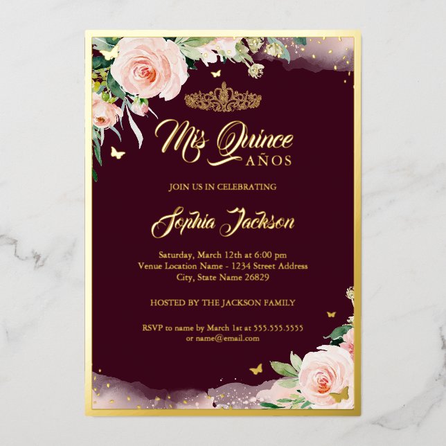 Invitation En Aluminium Quinceanera Florale Rose Bourgogne (Recto)