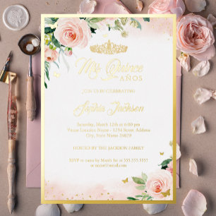Invitation En Aluminium Quinceanera Florale Rose Or Anniversaire
