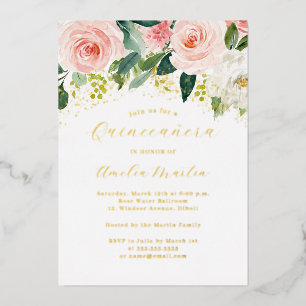 Invitation En Aluminium Quinceanera Florale Rose Pâle Doré 