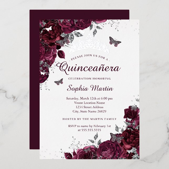 Invitation En Aluminium Quinceanera florale soyeux bordeaux élégant (Recto/Verso)