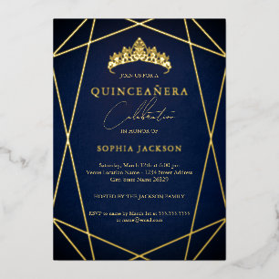 Invitation En Aluminium Quinceanera géométrique or élégant marine