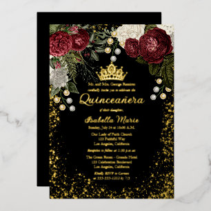 Invitation En Aluminium Quinceañera Glam Bourgogne Rose Floral Anniversair