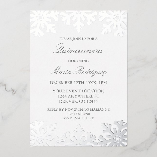 Invitation En Aluminium Quinceanera hivernale de flocons d'argent (Recto)