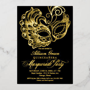 Invitation En Aluminium Quinceanera Masquerade Black Gold