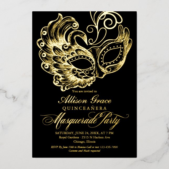 Invitation En Aluminium Quinceanera Masquerade Black Gold (Recto)