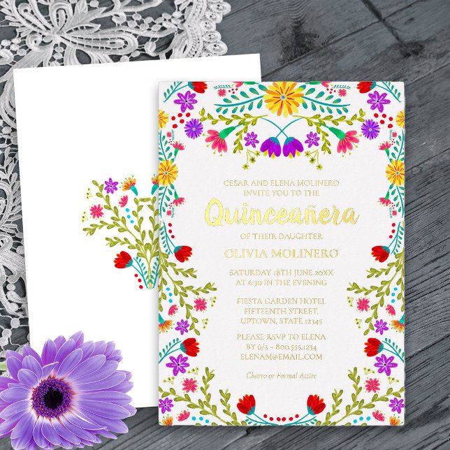 Invitation En Aluminium Quinceanera mexicaine Fiesta Floral Real Gold (Gold Foil Quinceanera Invitation from my Mexican Fiesta Flowers Quinceanera Collection)