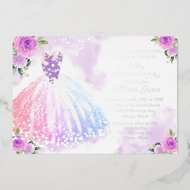 Invitation En Aluminium Quinceanera multicolore florale (Recto)
