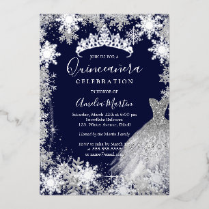 Invitation En Aluminium Quinceañera Navy Snowflake Hiver