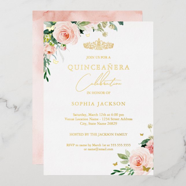 Invitation En Aluminium Quinceanera or rose floral (Recto/Verso)
