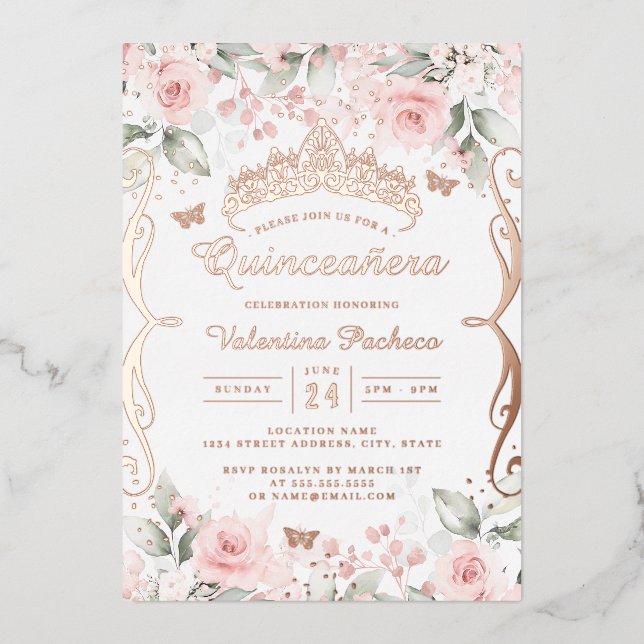 Invitation En Aluminium Quinceanera or rose pâle (Recto)