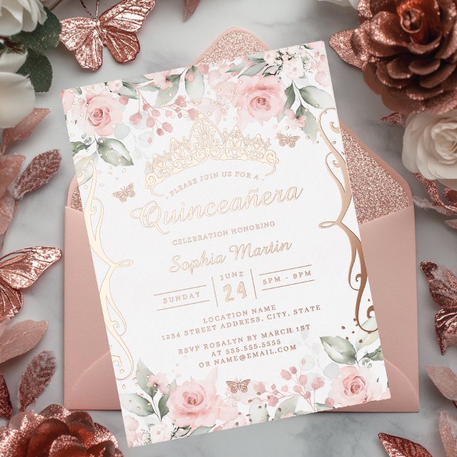 Invitation En Aluminium Quinceanera or rose pâle (Créateur téléchargé)