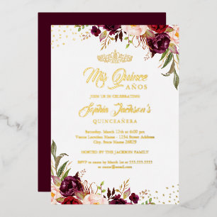 Invitation En Aluminium Quinceanera or rouge bordeaux floral