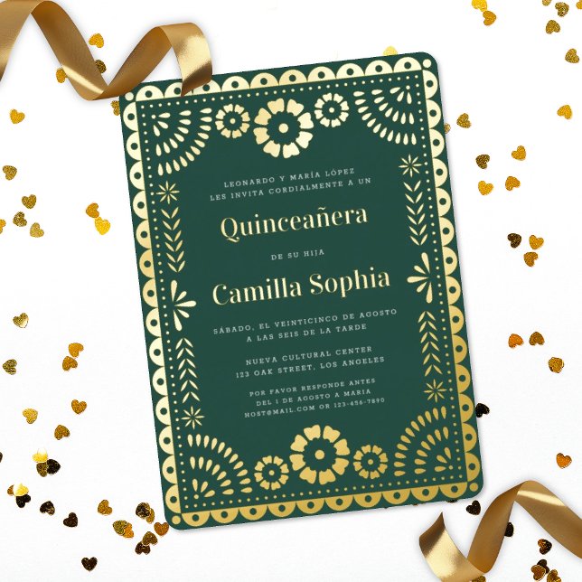 Invitation En Aluminium Quinceañera Papel Picado Dark Green Gold (Créateur téléchargé)