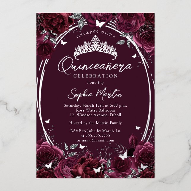 Invitation En Aluminium Quinceanera, papillon floral captivant la Bourgogn (Recto)