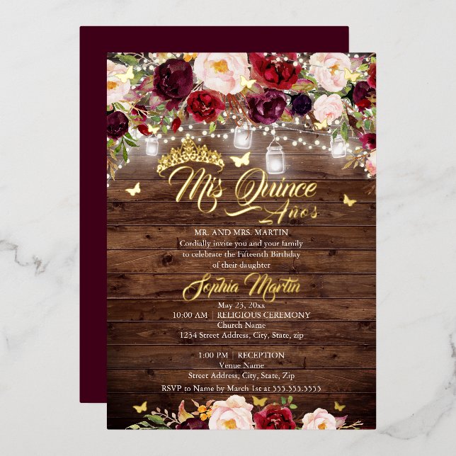 Invitation En Aluminium Quinceanera, papillon floral de Bourgogne rustique (Recto/Verso)