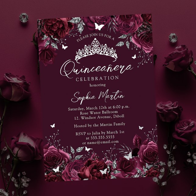 Invitation En Aluminium Quinceanera, papillon floral enchantant de Bourgog (Créateur téléchargé)