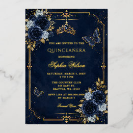 Invitation En Aluminium Quinceañera Papillon Floral Or Navy