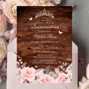 Invitation En Aluminium Quinceanera Papillon Floral Rustique Or Rose