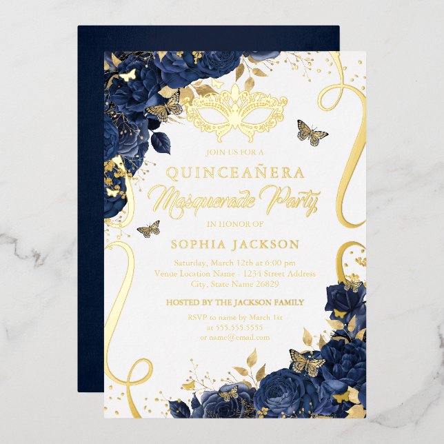 Invitation En Aluminium Quinceanera, papillon mascarade de la Marine royal (Recto/Verso)