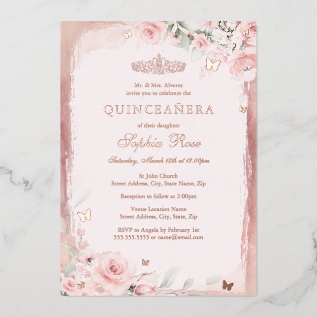 Invitation En Aluminium Quinceanera, papillon rose rose floral 15e (Recto)